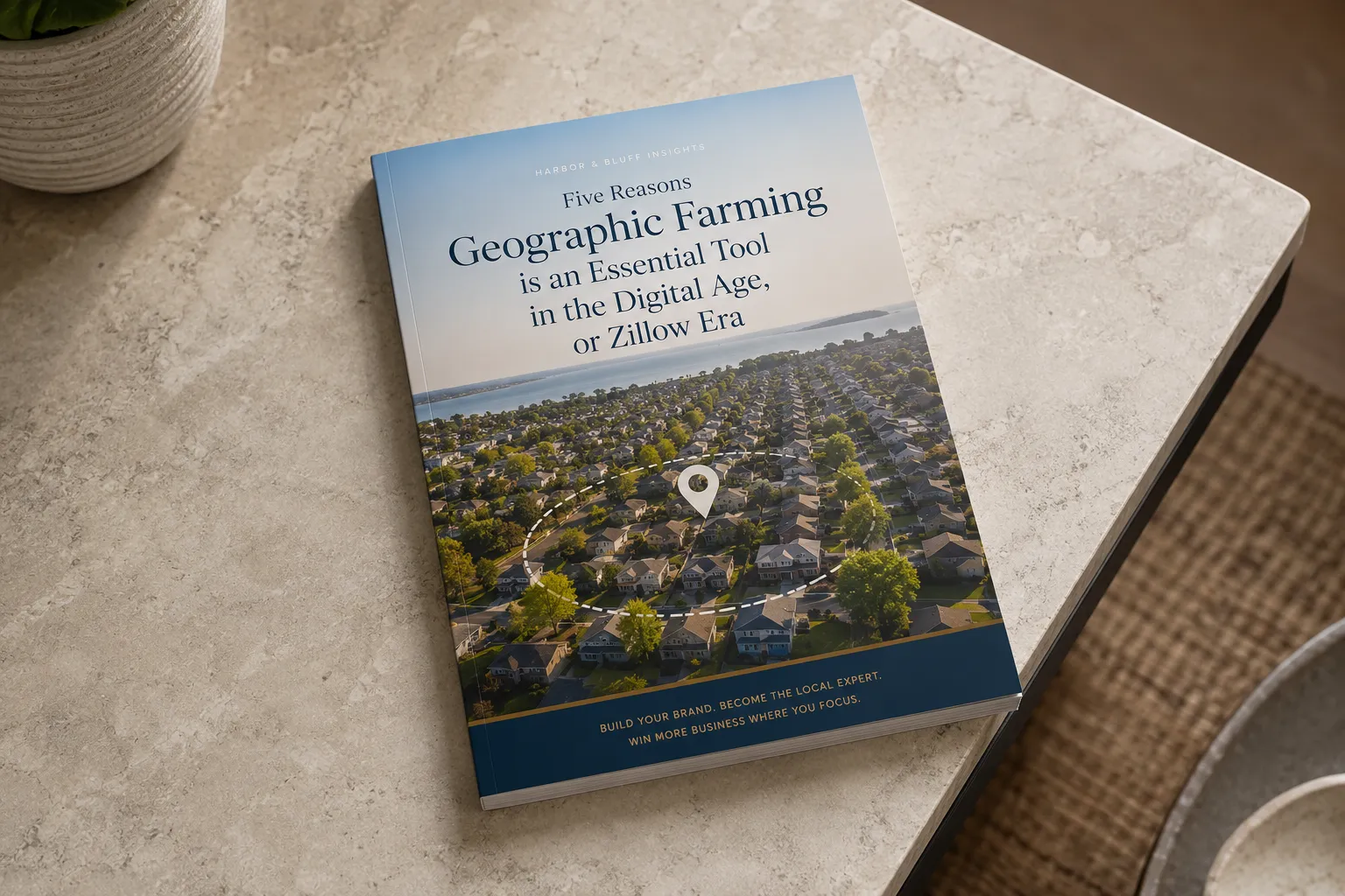 A booklet on a stone table, its cover an aerial view of a suburban neighborhood with a marked-out territory