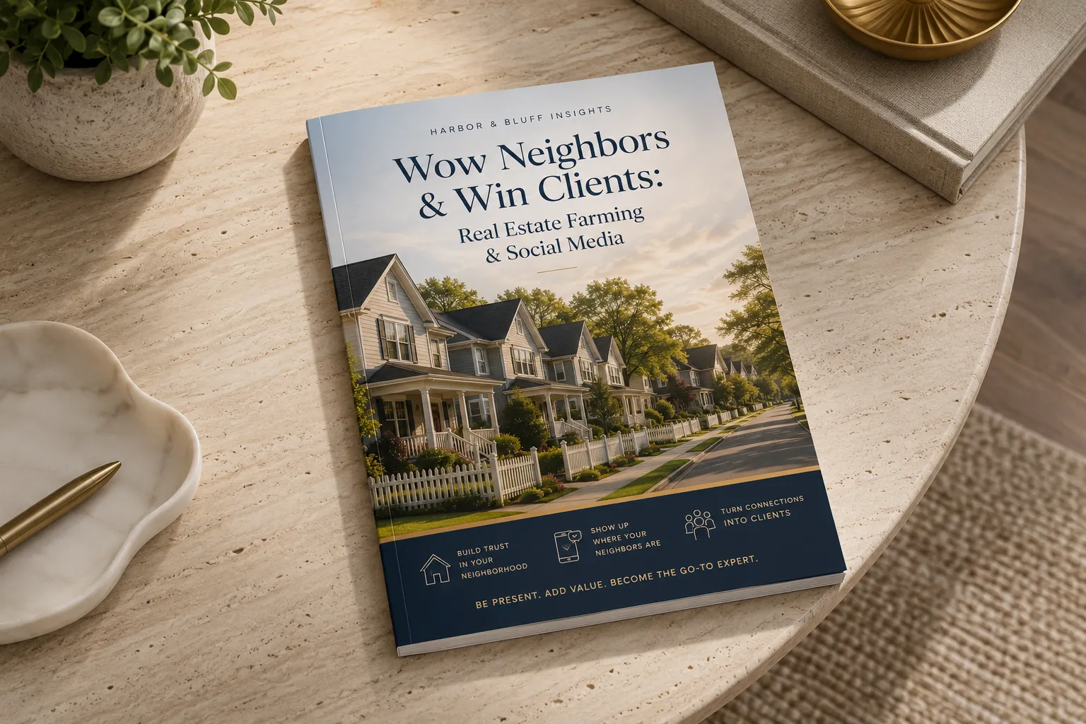 A booklet on a stone table, its cover a tree-lined street of houses at golden hour