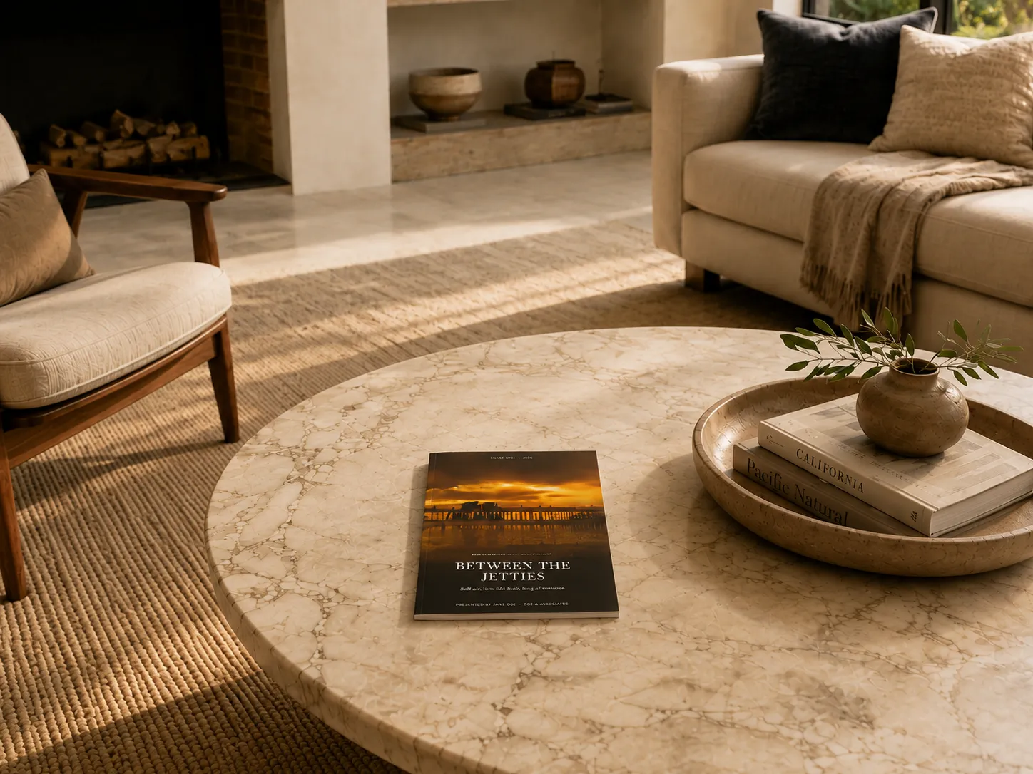 A Private Label magazine resting on a marble coffee table in a sunlit living room