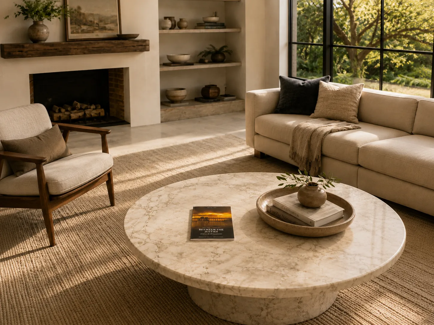 A Private Label magazine on a coffee table in a living room, beside a fireplace