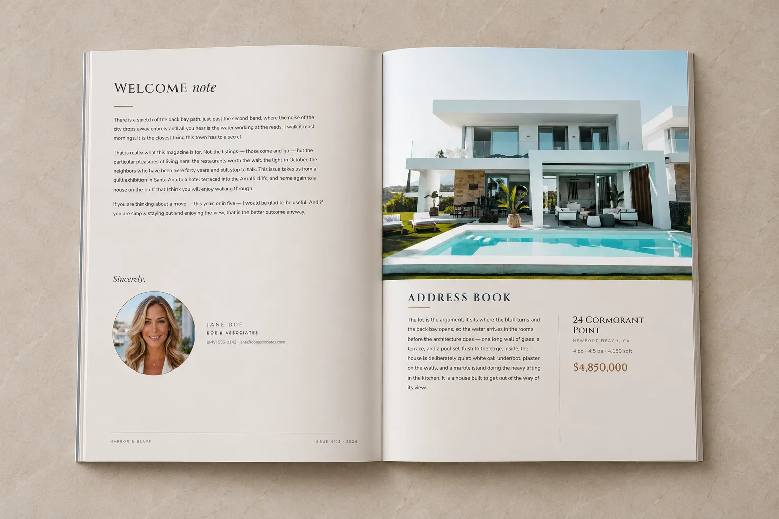 An open magazine showing the welcome note on the left page and the Address Book on the right